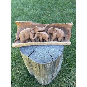 Vtg Hand Carved Natural Teak Wood Elephant Family Made In Thailand 12” G3